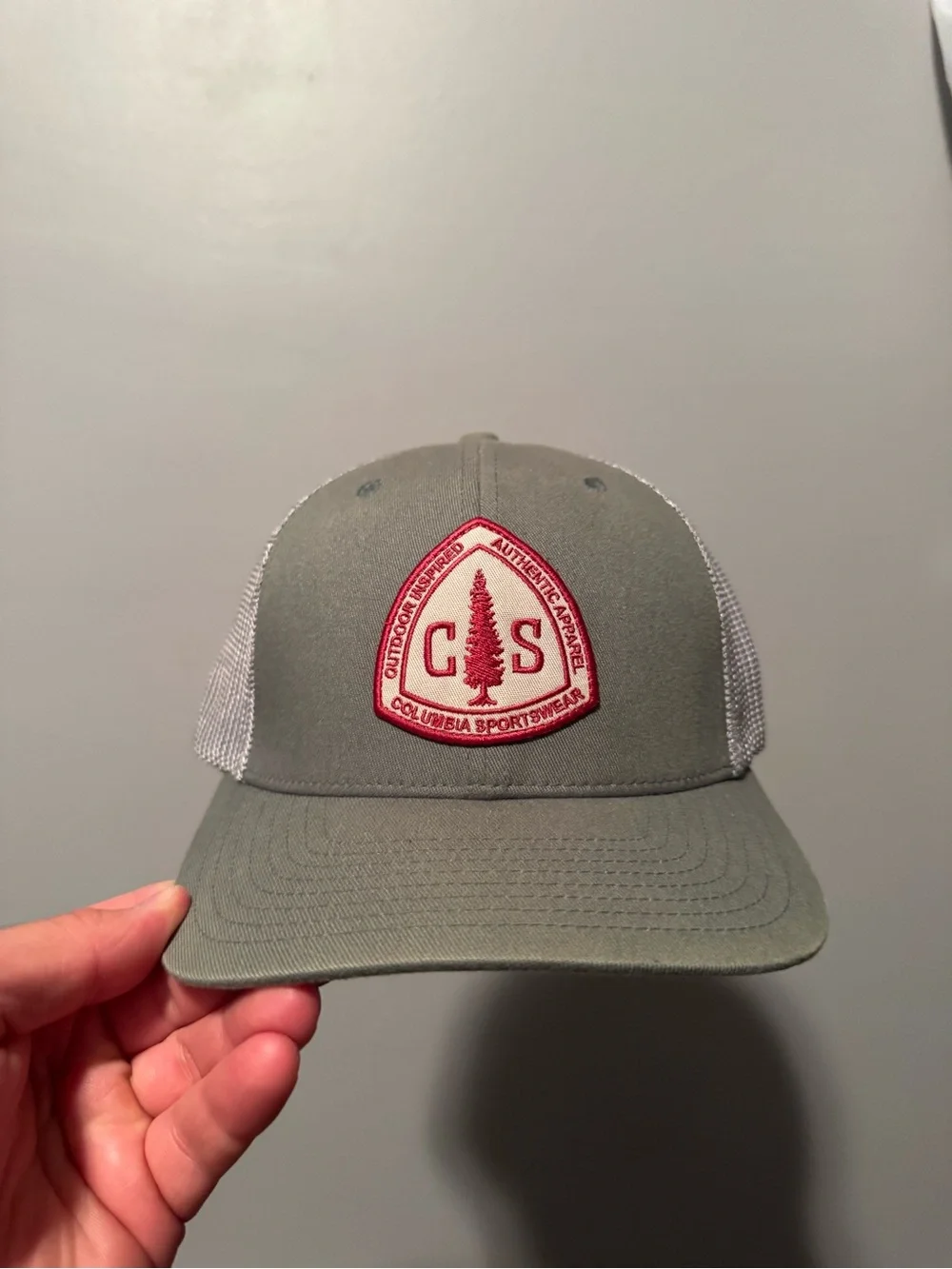 Columbia Green and White Trucker Hat with Red Patch